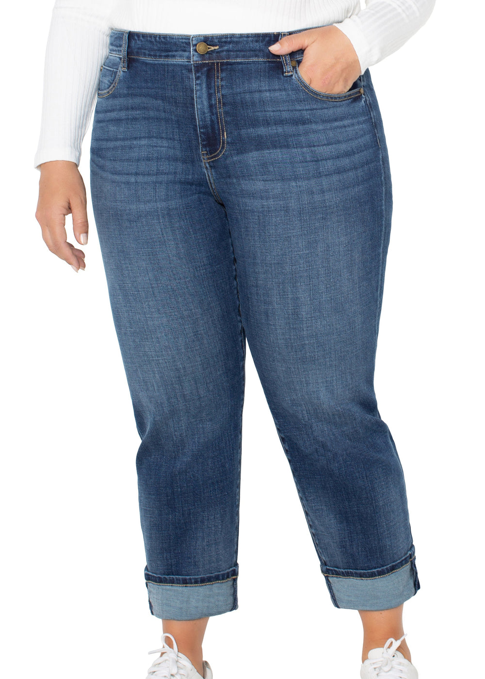 Women's blue denim girlfriend jeans with cuffed hems, button-and-zip front