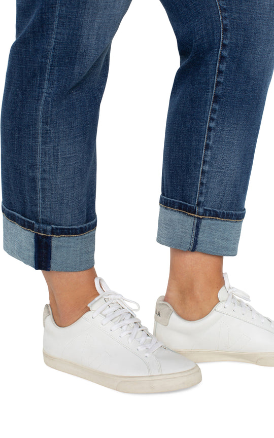 Blue denim girlfriend jeans with cuffed hems and contrast topstitching