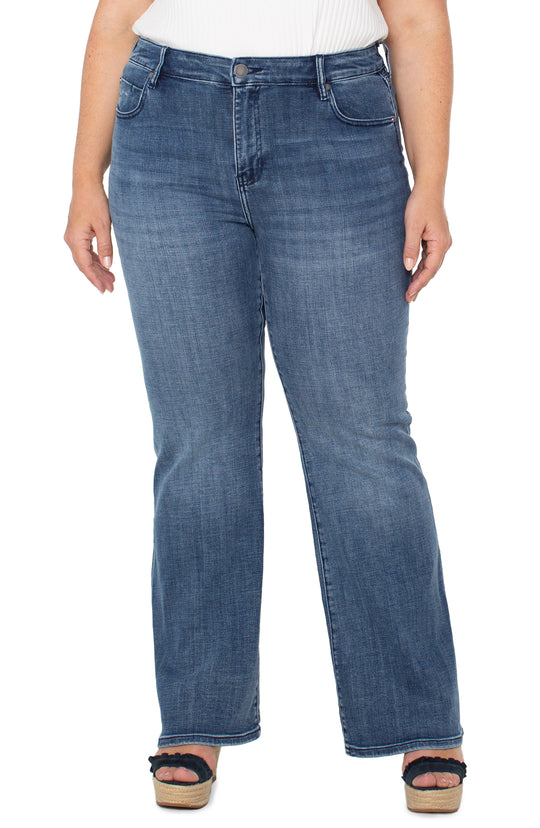 Liverpool Hannah flare jeans in medium blue denim, with a button fly and 32-inch inseam.