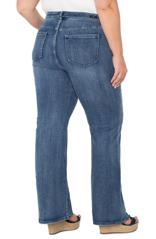 Liverpool Hannah flare jeans in medium blue denim, showing two back pockets and flared hems.