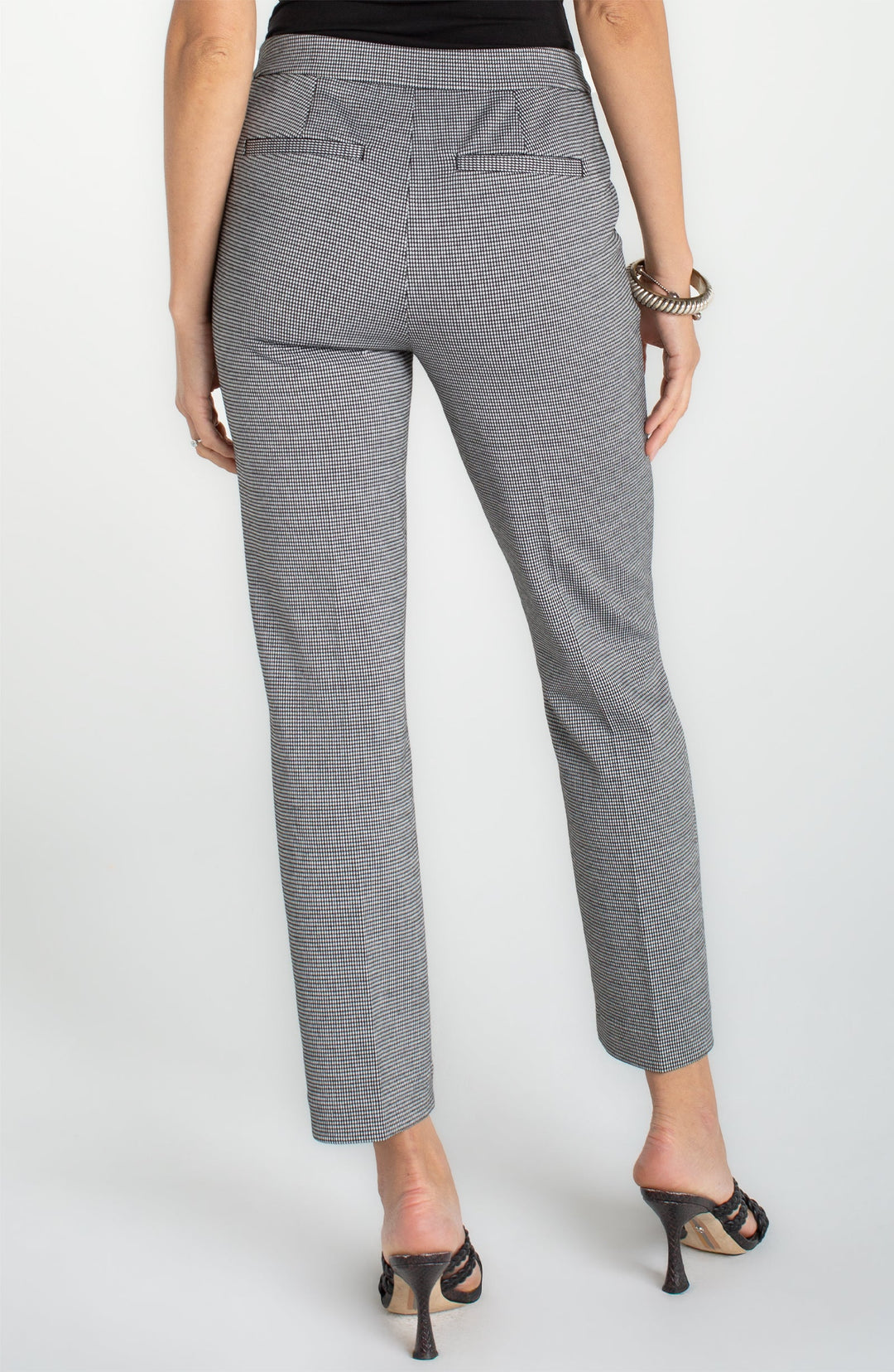 Women's pull-on mini check pants, back view, black and white
