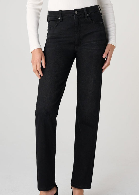 High-rise straight-leg comfort jeans in dark wash, five-pocket design