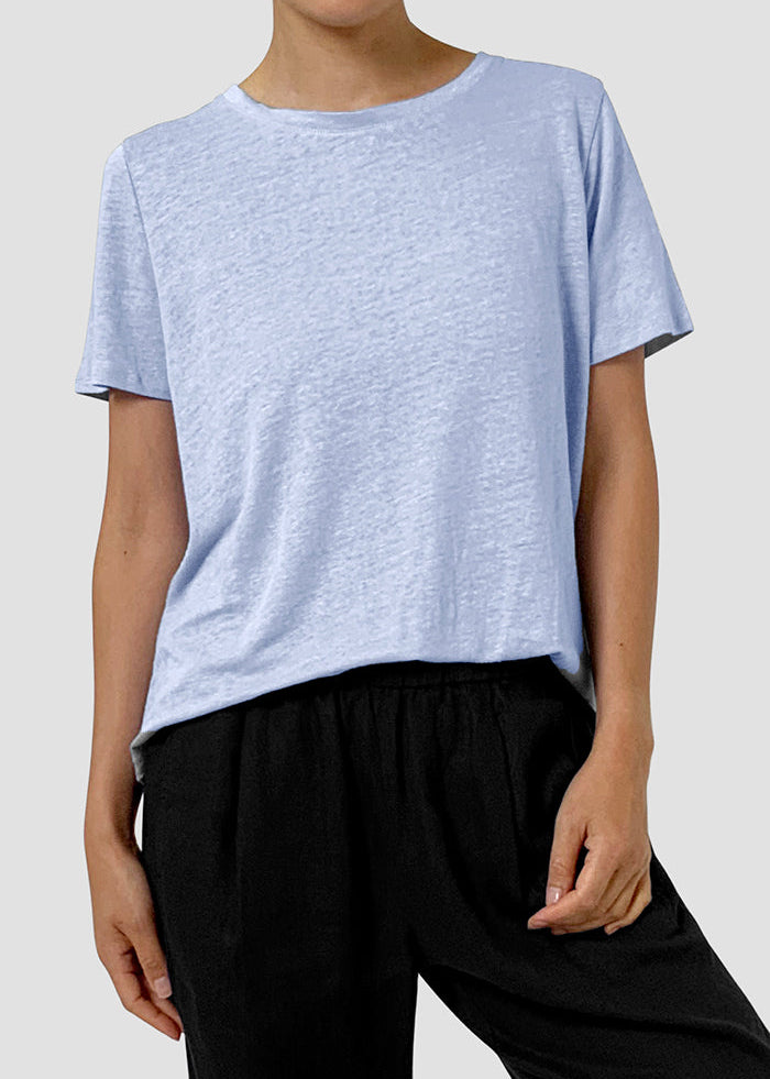 Front view of plus size Eileen Fisher Organic Linen Jersey Crew Neck Short Sleeve Tee in Airy Blue