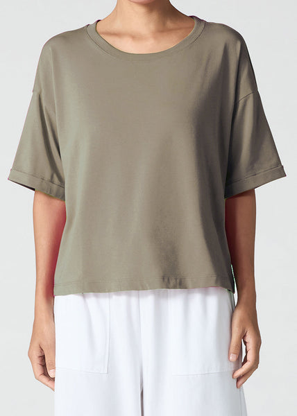 front view of Eileen Fisher plus size organic cotton stretch jersey boxy tee with cuffed Sleeve in colour twig