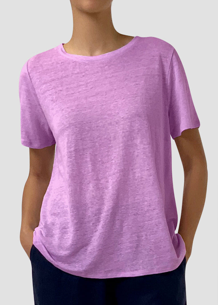 front view of plus size Eileen Fisher Organic Linen Jersey Crew Neck Short Sleeve Tee in Bright Aster