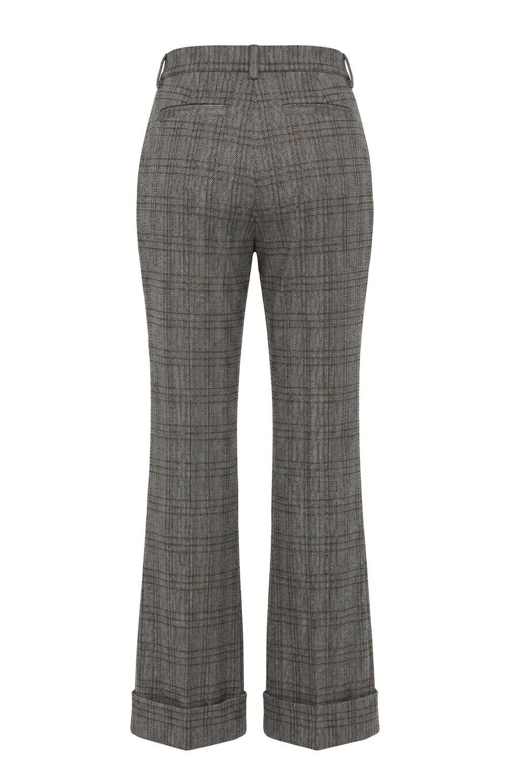 High-rise flare trousers in dark gray herringbone weave, back view, flared hems