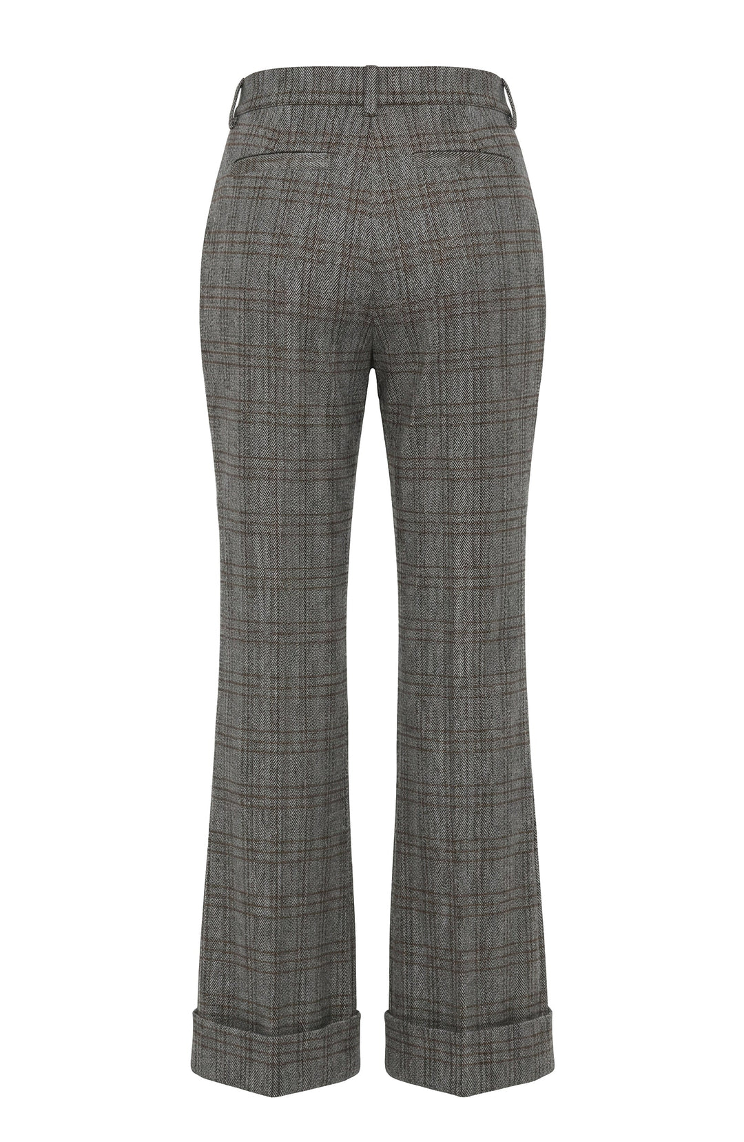 High-rise flare trousers in dark gray herringbone weave, back view, flared hems