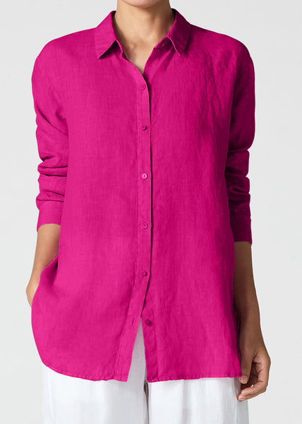 front view of Eileen Fisher plus size organic handkerchief linen classic collar long shirt in colour Fuchsia