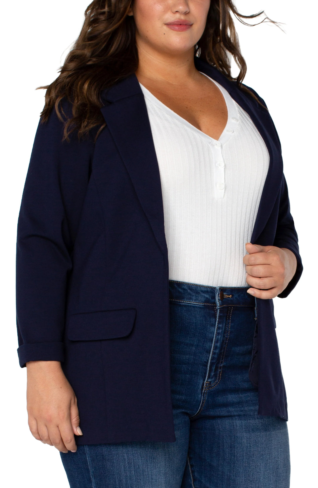Liverpool Ponte Notch Lapel Boyfriend Blazer in Navy