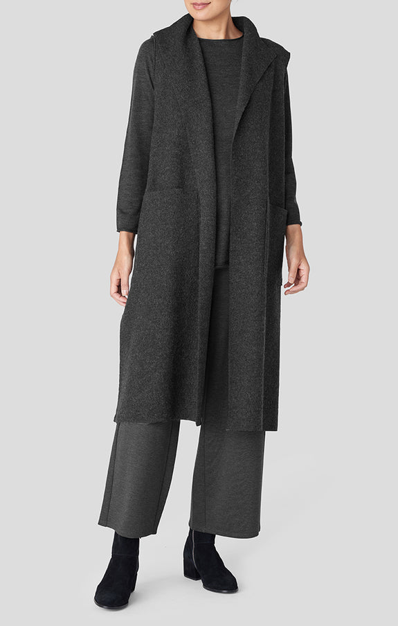 Eileen Fisher Light Weight Boiled Wool Shawl Collar Long Vest in Charcoal