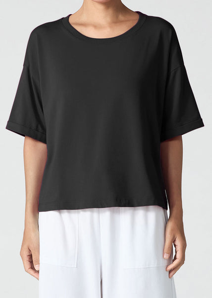 front view of Eileen Fisher plus size organic cotton stretch jersey boxy tee with cuffed Sleeve in colour black