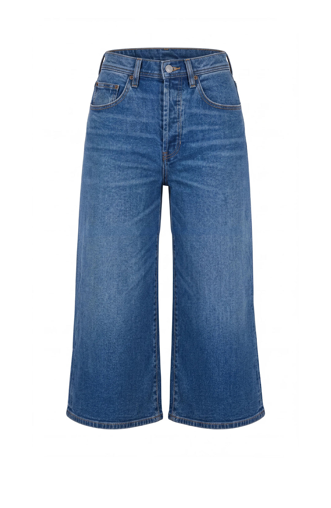 Folded flat lay of blue denim high-rise culotte pants with front button and pockets