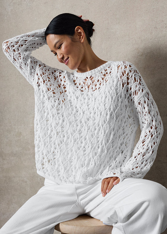Front view of plus size Eileen Fisher Peruvian Cotton Cord Lace Crochet Pullover in White