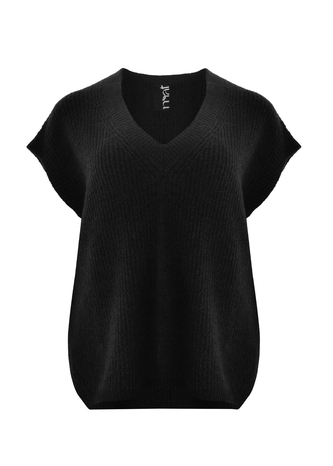 Black knit V-neck sleeveless sweater vest with ribbed trim at neckline and hem