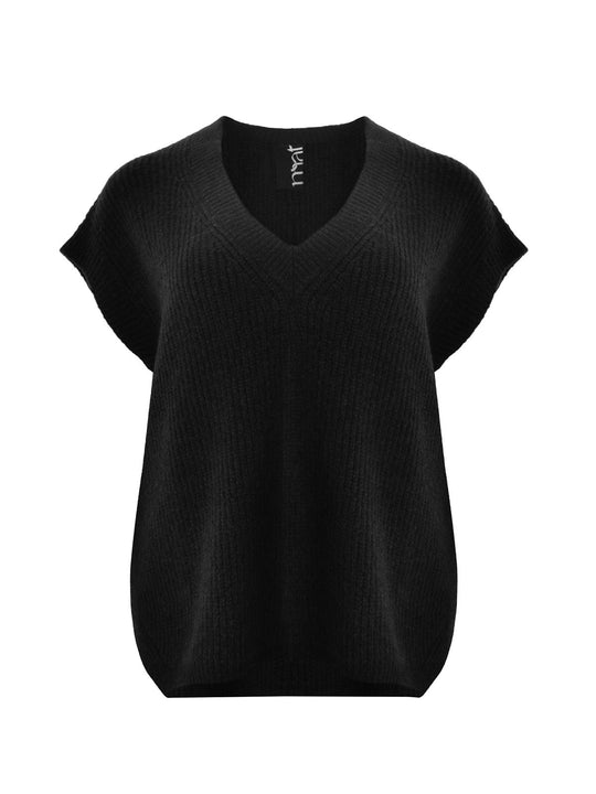 Black V-neck knit vest with short cap sleeves and ribbed texture, front view