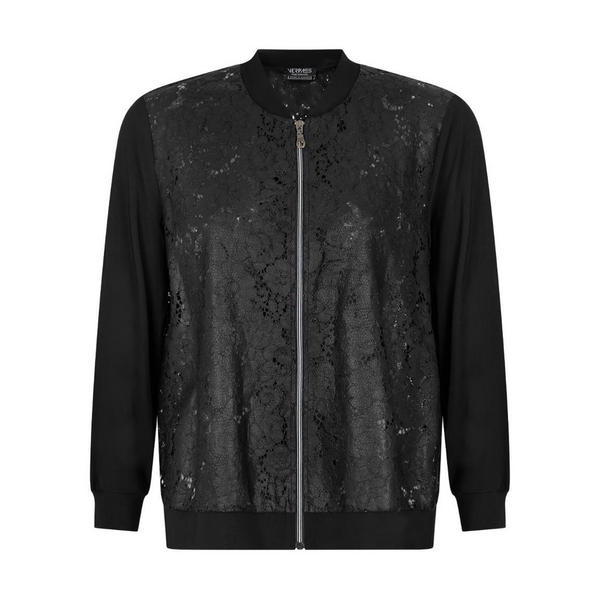 Verpass Zip Front Lace Baseball Jacket with Jersey Sleeves in Black