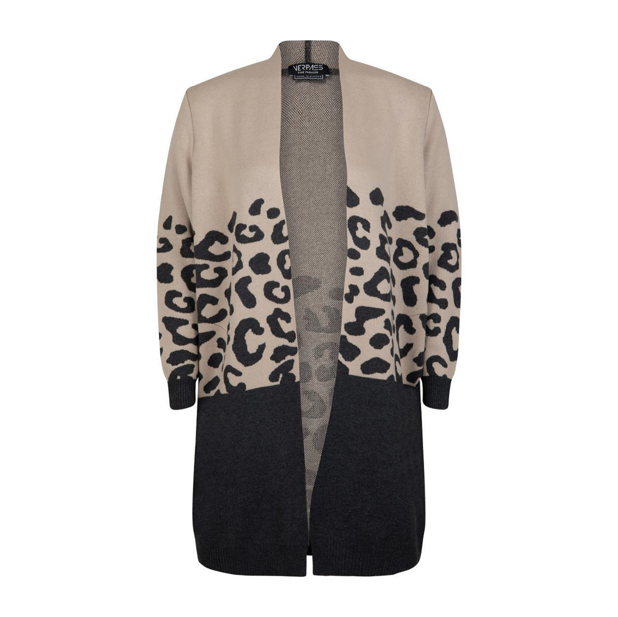 Verpass Leo Print Long Open Cardigan in Grey/Blk