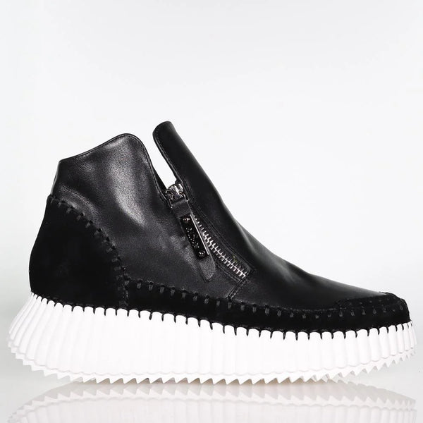 side view of Minx Wesley Leather & Suede High Top Zip Runner in Blk Combo