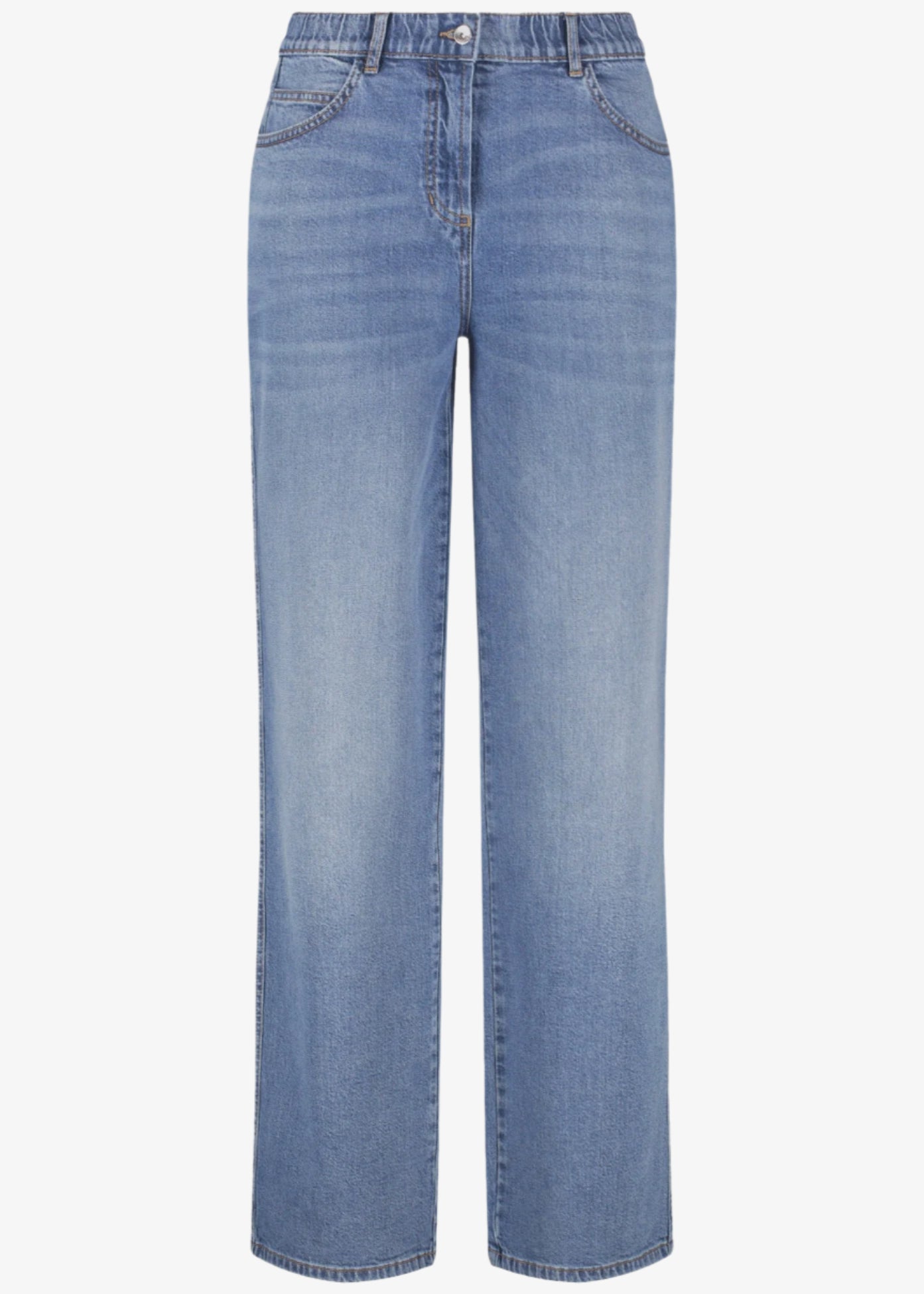 front view of plus size Samoon Carlotta Wide Leg Trouser Jean in Bleached Blue Denim