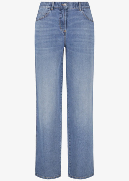front view of plus size Samoon Carlotta Wide Leg Trouser Jean in Bleached Blue Denim