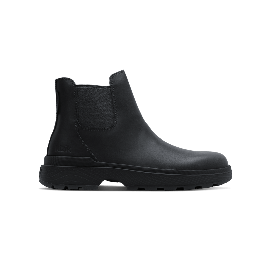 Black Chelsea boot with side elastic gore and thick rubber tread sole