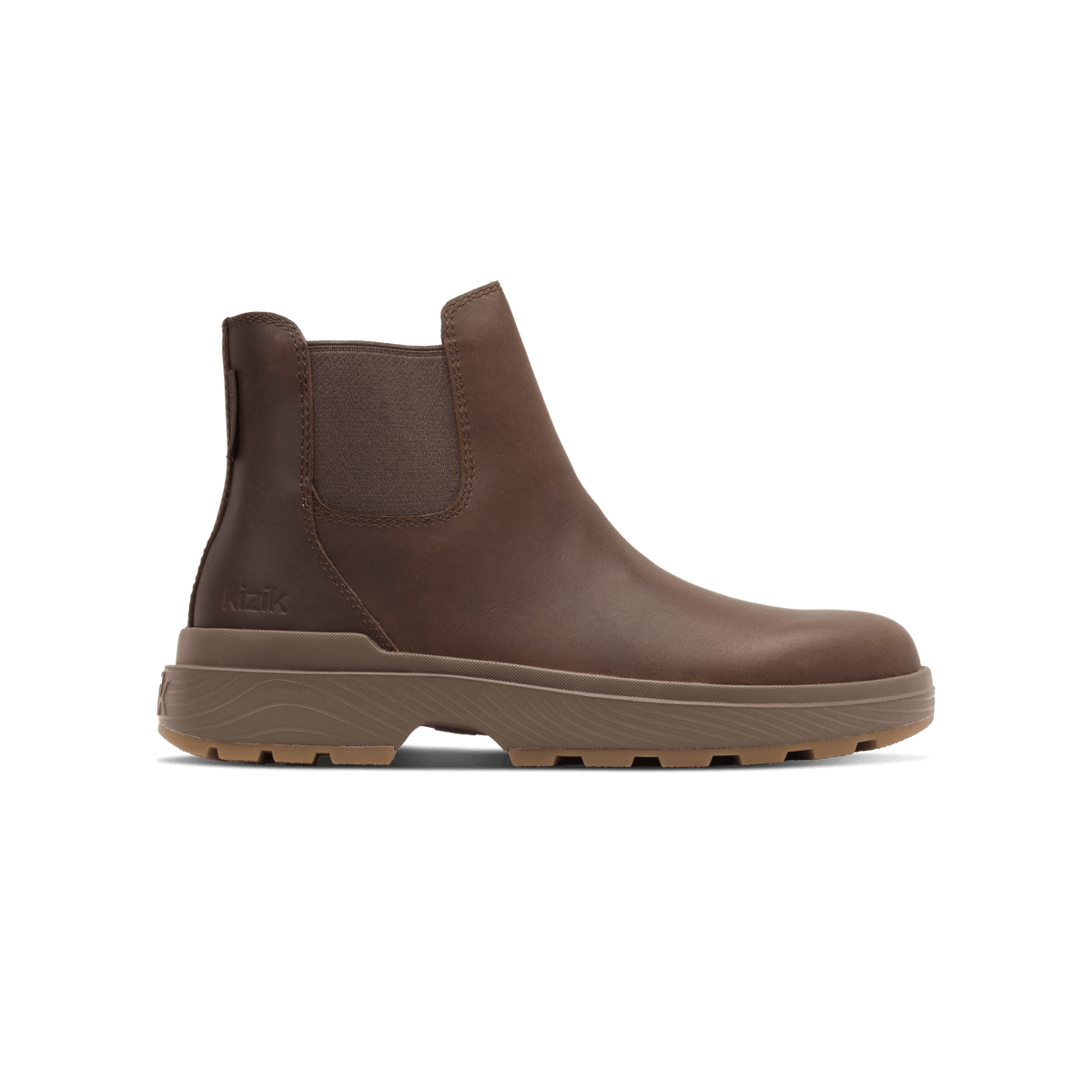 Kizik Sierra Chelsea boot in dark brown, side elastic gore, pull-on ankle height.