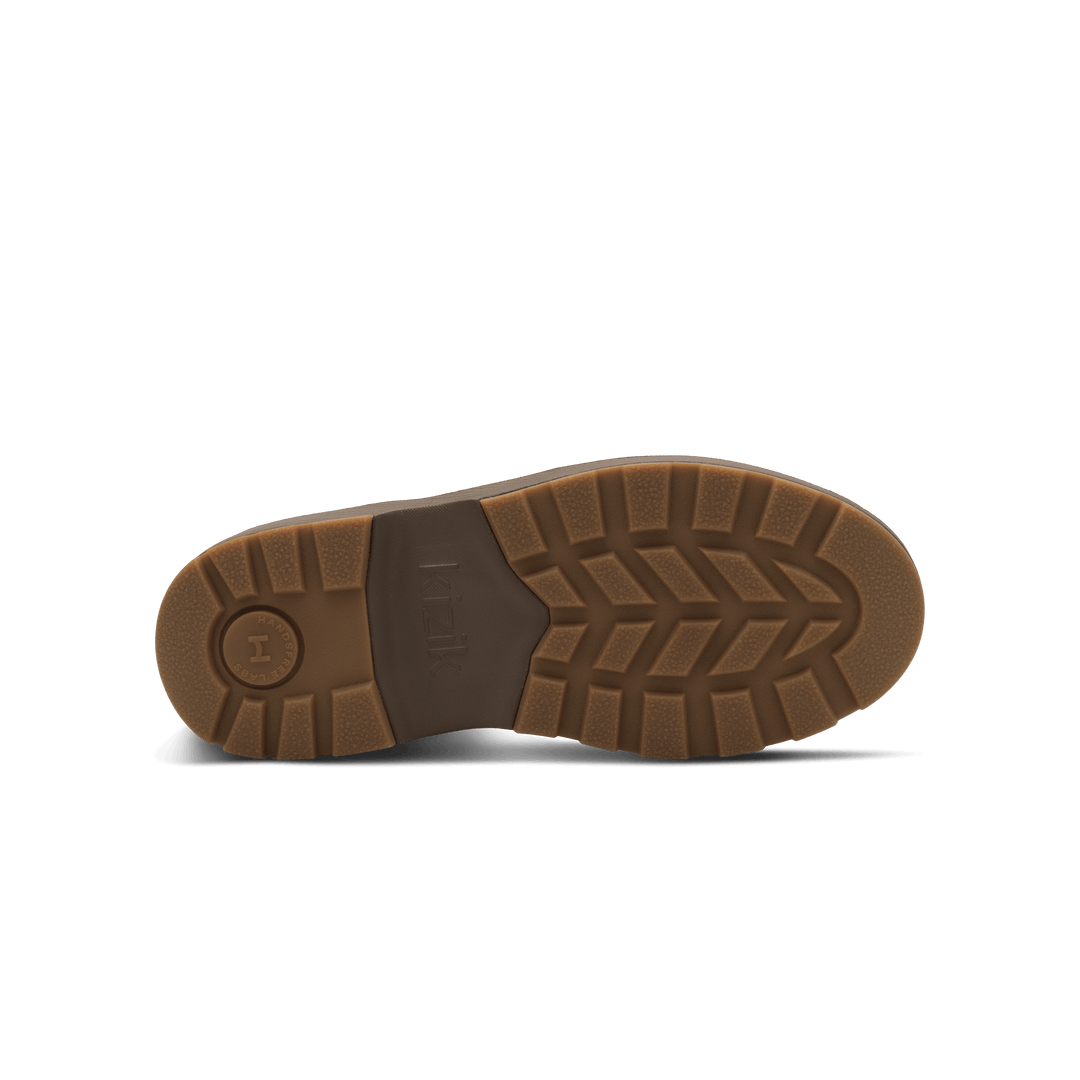 Outsole view of dark brown Kizik Sierra Chelsea boots with zigzag tread pattern.