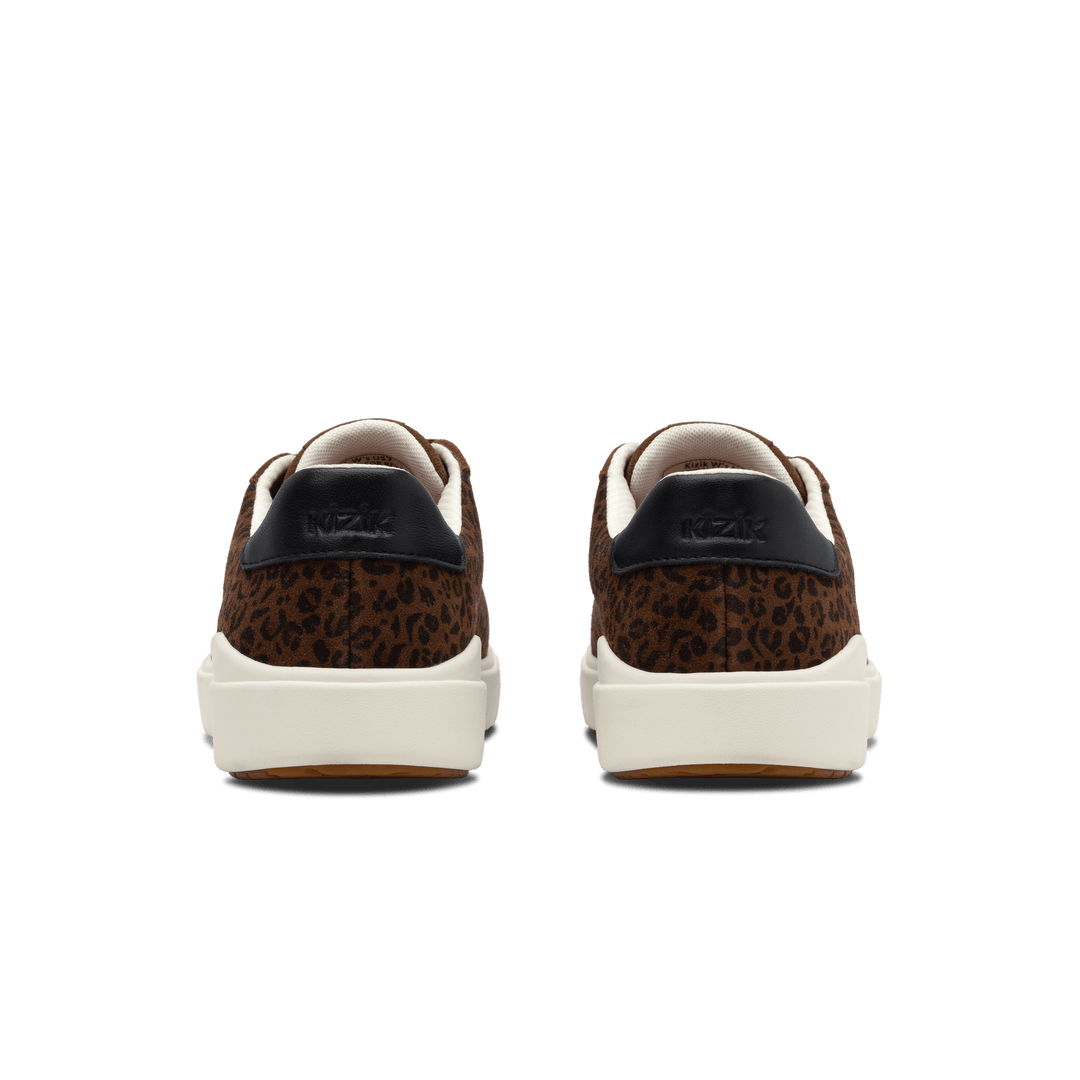 Back view of brown leopard print Kizik sneakers with black heel tabs and white sole