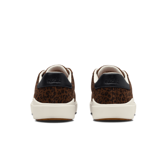 Back view of brown leopard print Kizik sneakers with black heel tabs and white sole