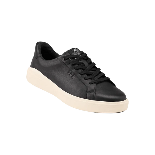 Black low-top sneaker side profile with lace-up design and off-white midsole