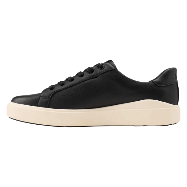 Black low-top lace-up sneaker with smooth vamp and off-white sole