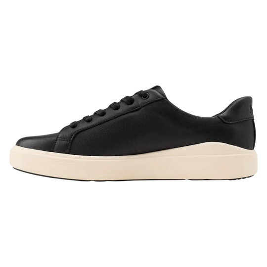 Black low-top lace-up sneaker with smooth vamp and off-white sole