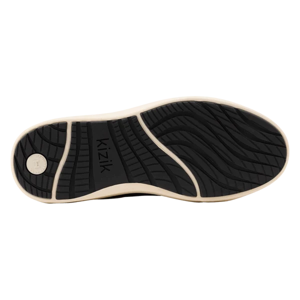 Black and off-white sneaker outsole with textured tread and Kizik logo