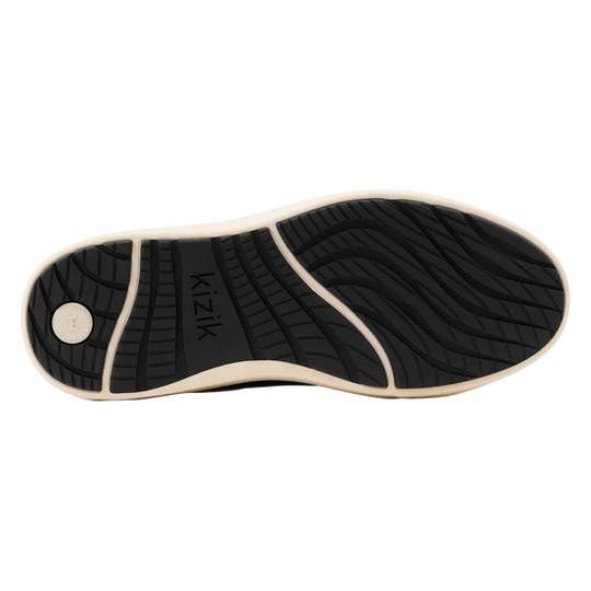 Black and off-white sneaker outsole with textured tread and Kizik logo