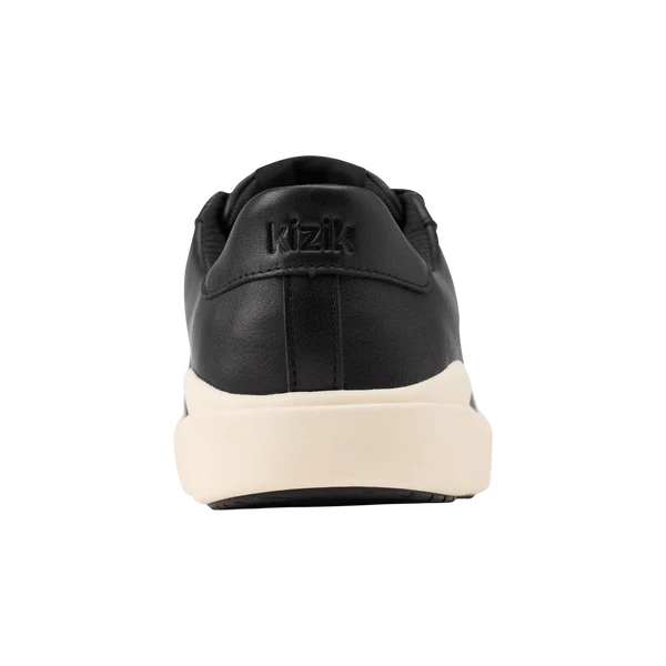 Black sneaker heel with Kizik logo on back tab and off-white midsole