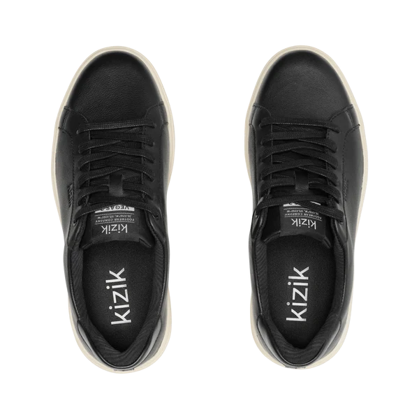 Black lace-up sneakers with Kizik logo on tongue and padded collar