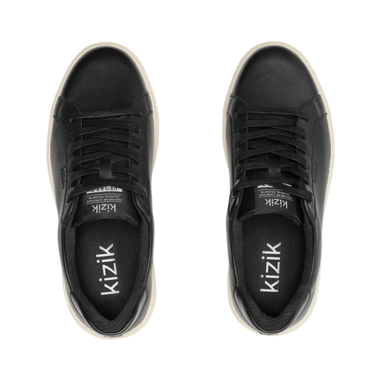 Black lace-up sneakers with Kizik logo on tongue and padded collar
