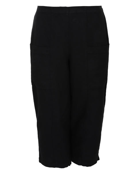 Toni T. Linen Elastic Back Crop Pant with Patch Pockets in Black