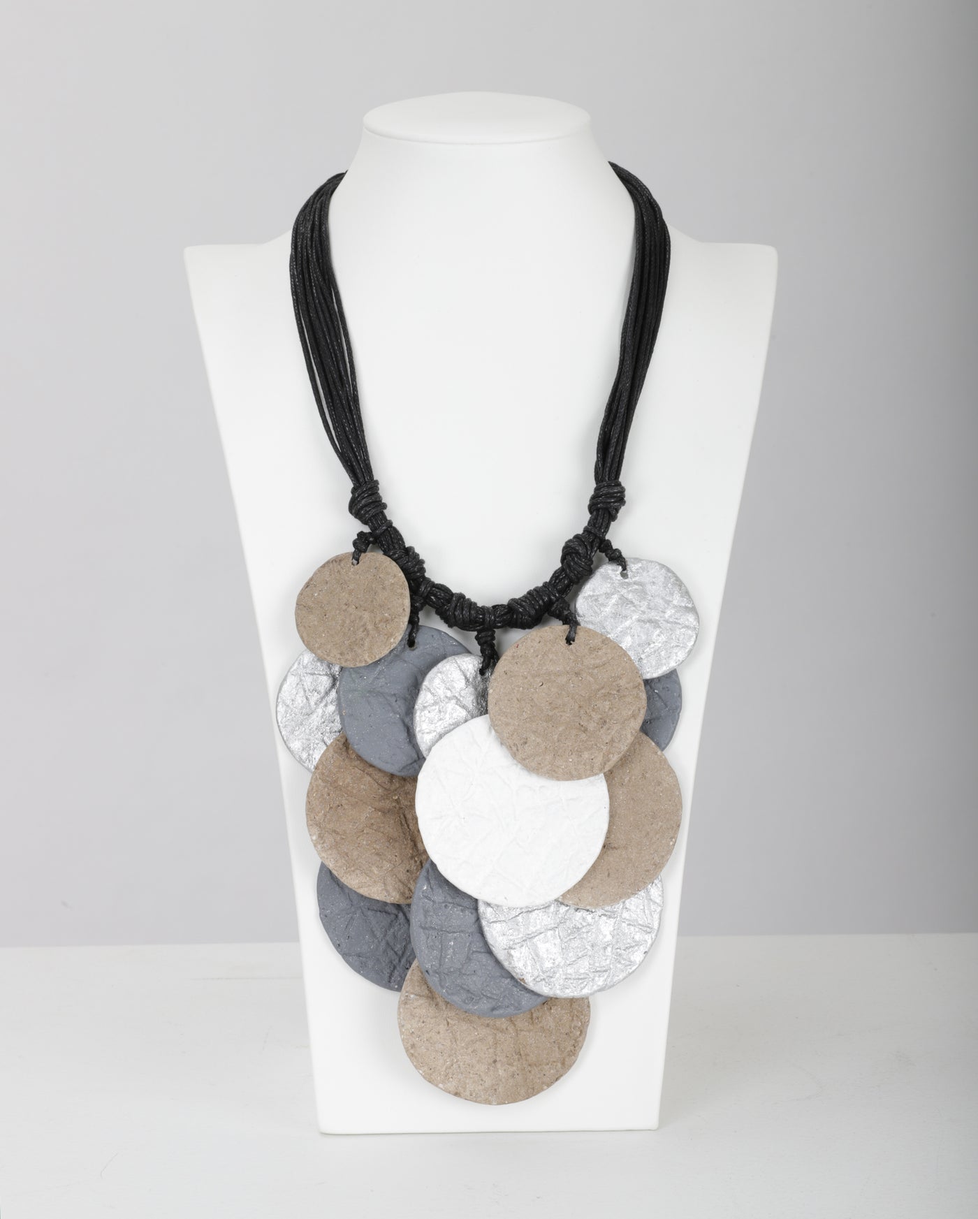Alisha Leather Look Recycled Papier Mache' Disk Cluster Necklace in Grey/Nat/Sil