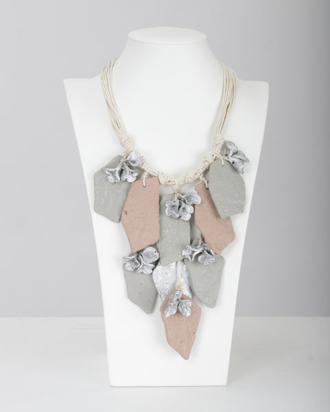 Alisha Recycled Papier Mache' Clay Tile & Floral Necklace in Natural multi/Silver